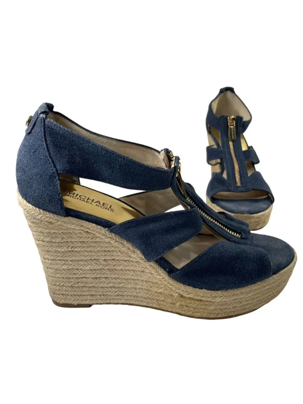 Michael Michael Kors Damita Wedge Sandals 8.5 M Blue Canvas Platform Espadrille